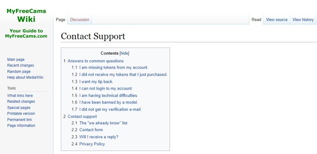 Screenshot Myfreecams Contact Support
